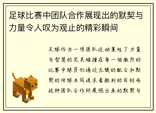 足球比赛中团队合作展现出的默契与力量令人叹为观止的精彩瞬间