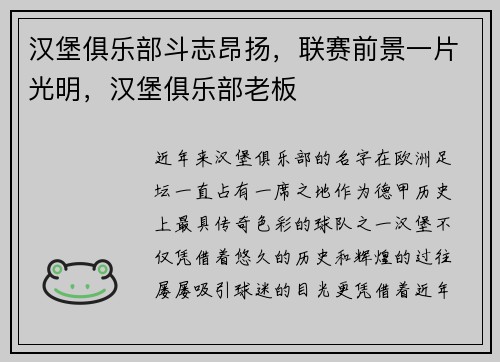 汉堡俱乐部斗志昂扬，联赛前景一片光明，汉堡俱乐部老板