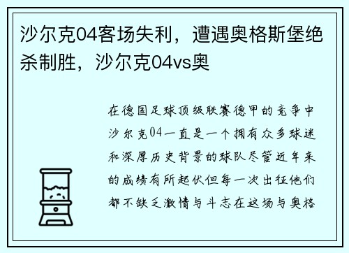 沙尔克04客场失利，遭遇奥格斯堡绝杀制胜，沙尔克04vs奥