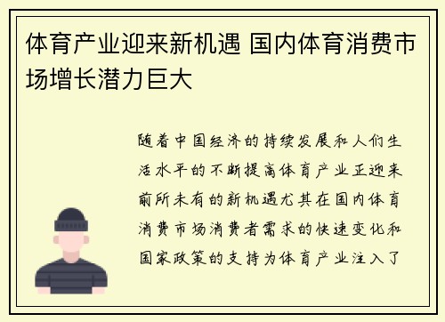 体育产业迎来新机遇 国内体育消费市场增长潜力巨大