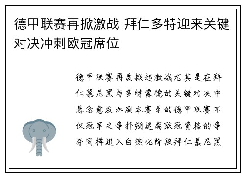 德甲联赛再掀激战 拜仁多特迎来关键对决冲刺欧冠席位