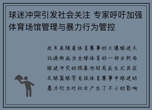 球迷冲突引发社会关注 专家呼吁加强体育场馆管理与暴力行为管控