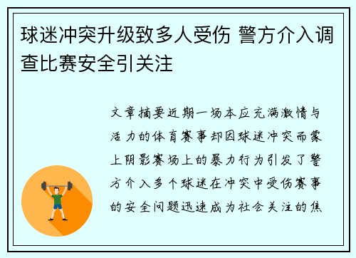 球迷冲突升级致多人受伤 警方介入调查比赛安全引关注